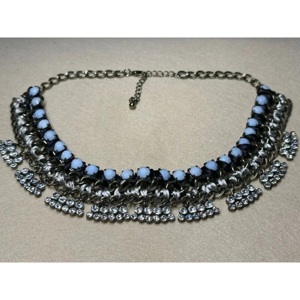 gunmetal statement necklace black ribbon weave crystal fringe bib jewelry nwt